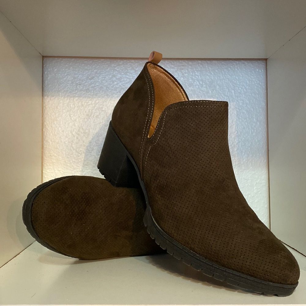 Dr. Scholl’s Brown Olive Green Suede Ankle Booties Comfort Heel Size 11 Comfort